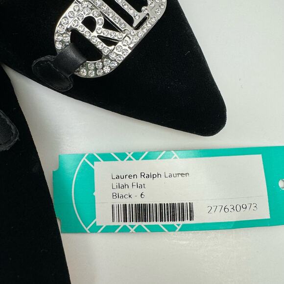 NEW Lauren Ralph Lauren | Lilah Black Velvet Crystal Logo Pointed Toe Flats - Picture 10 of 11